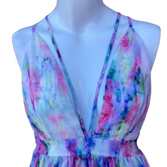 L'Atiste Pink Blue Tie Dye Strappy Low Cut Empire Waist Flowy Maxi Dress Small - Picture 3 of 8